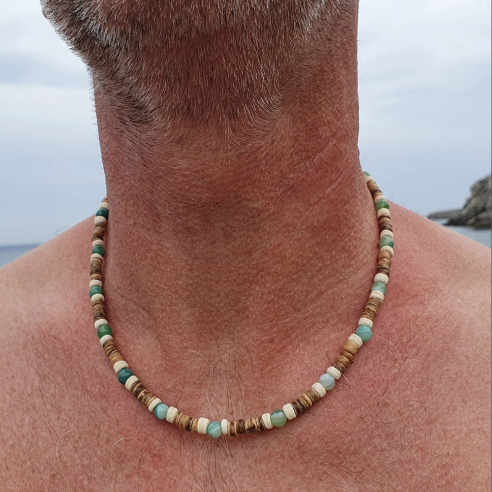 Casual Geometric Round Wood Beaded Necklace with Green Agate for Unisex