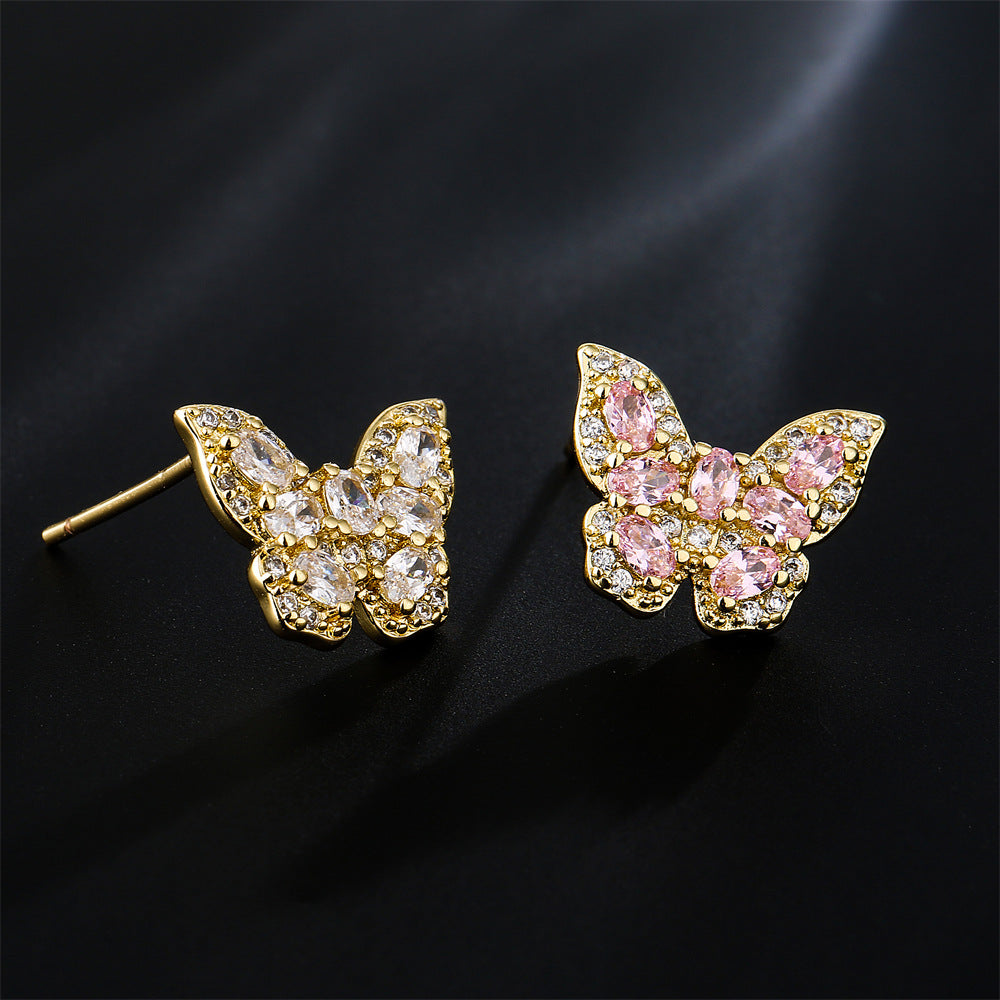 Butterfly-Shaped Copper Earrings with 18K Gold Plating and AAA Zirconia, Minimalist Modern Style Fashion Studs for Women