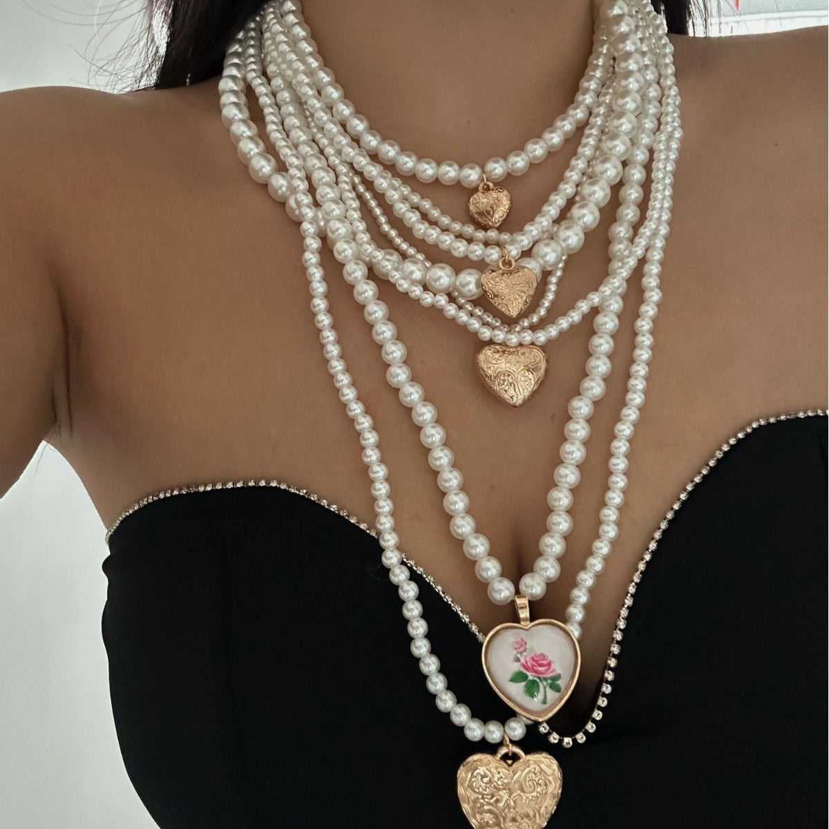 Vintage Bohemian Hip-hop Heart Floral Geometric Alloy Plated Imitation Pearl Layered Necklace for Women