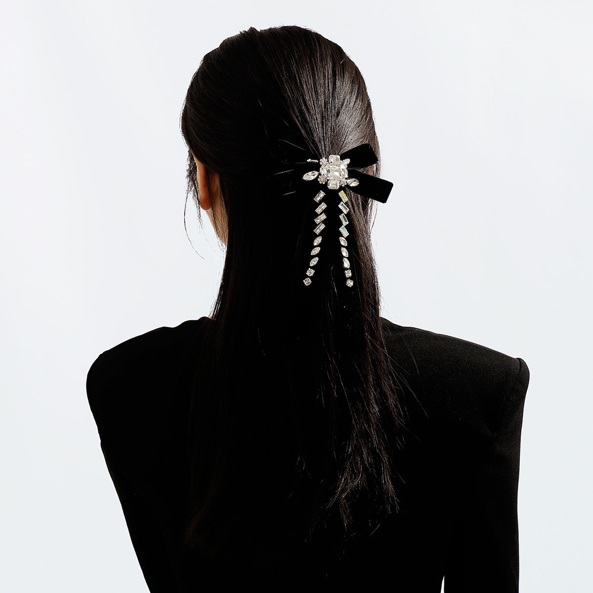 Sweet and Edgy Bow Hair Clip with Gold Velvet and Rhinestone Accents for Women