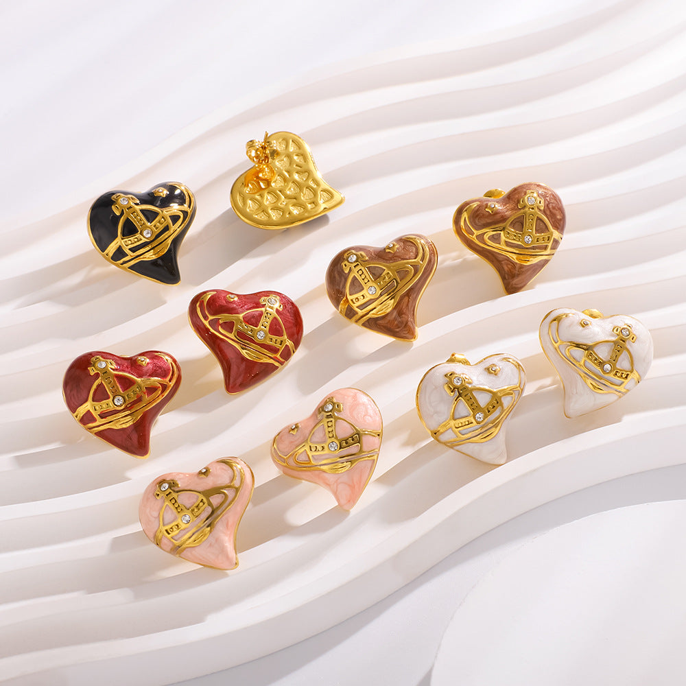 Minimalist Heart-Shaped Stainless Steel Stud Earrings with 18K Gold Plating and Rhinestone Inlay for Women