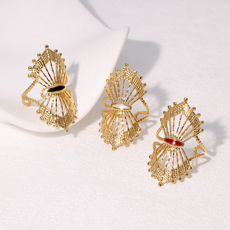 Vintage Geometric Fan-Shaped Hollow Stainless Steel Adjustable Open Ring for Women with Gold Plating