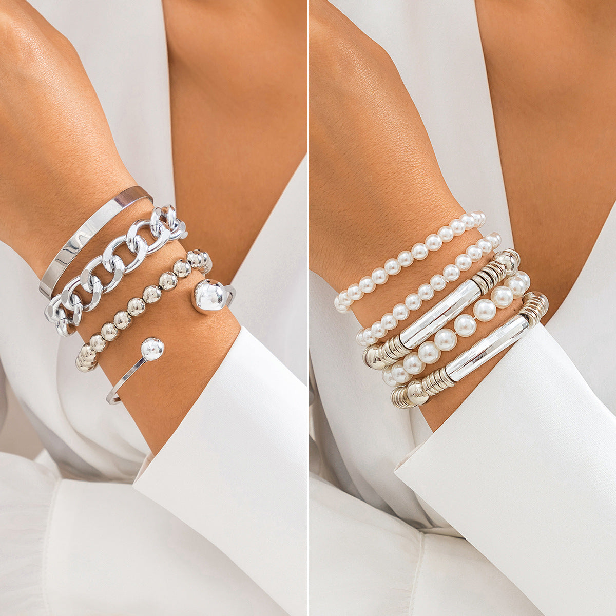 Set di braccialetti impilabili in stile cyberpunk con placcatura geometrica e perle imitate da donna