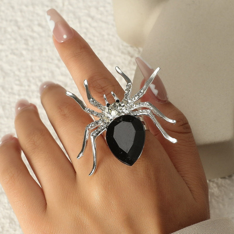 Sweet-Edgy Spider-Shaped Alloy Ring with Rhinestone Inlay Adjustable Fashion Jewelry for Women