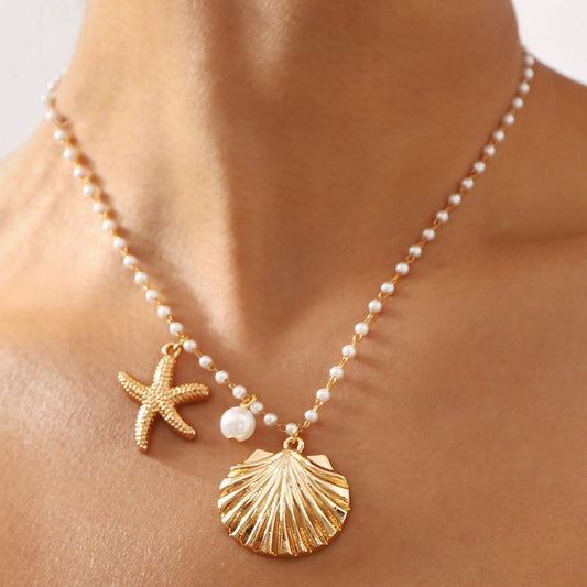 Elegant Starfish and Shell Pendant Necklace in Alloy with Plated Finish for Women