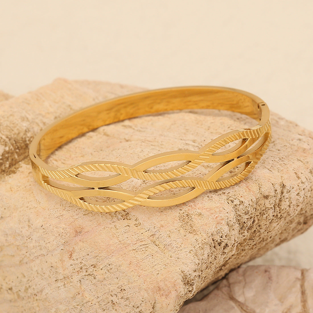 Geometric Line Stainless Steel Bracelet with Gold-Plated Leaf Charm for Women