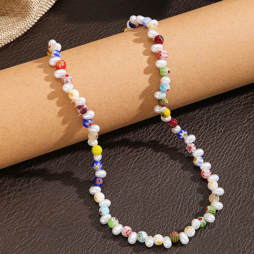Bohemian Colorful Glass Bead Imitation Pearl Asymmetric Geometric Handmade Necklace for Unisex