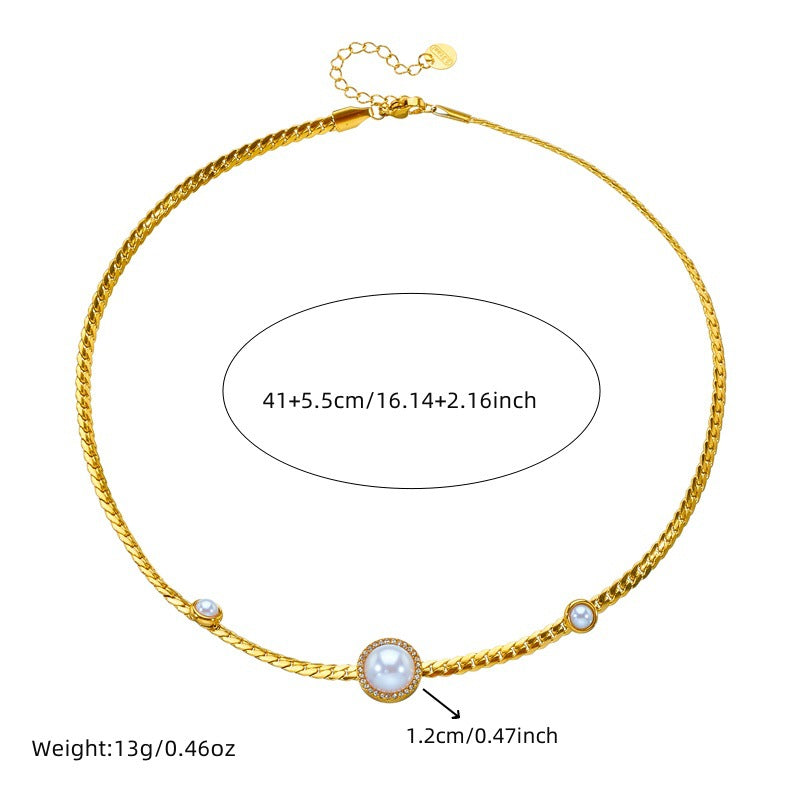Minimalist Elegant Round Pearl Rhinestone Inlay Stainless Steel Necklace and Bracelet Set with Rope Chain