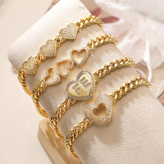 Fashionable Heart-Shaped Copper Bracelet with 18K Gold Plating and Zircon Accents for Women