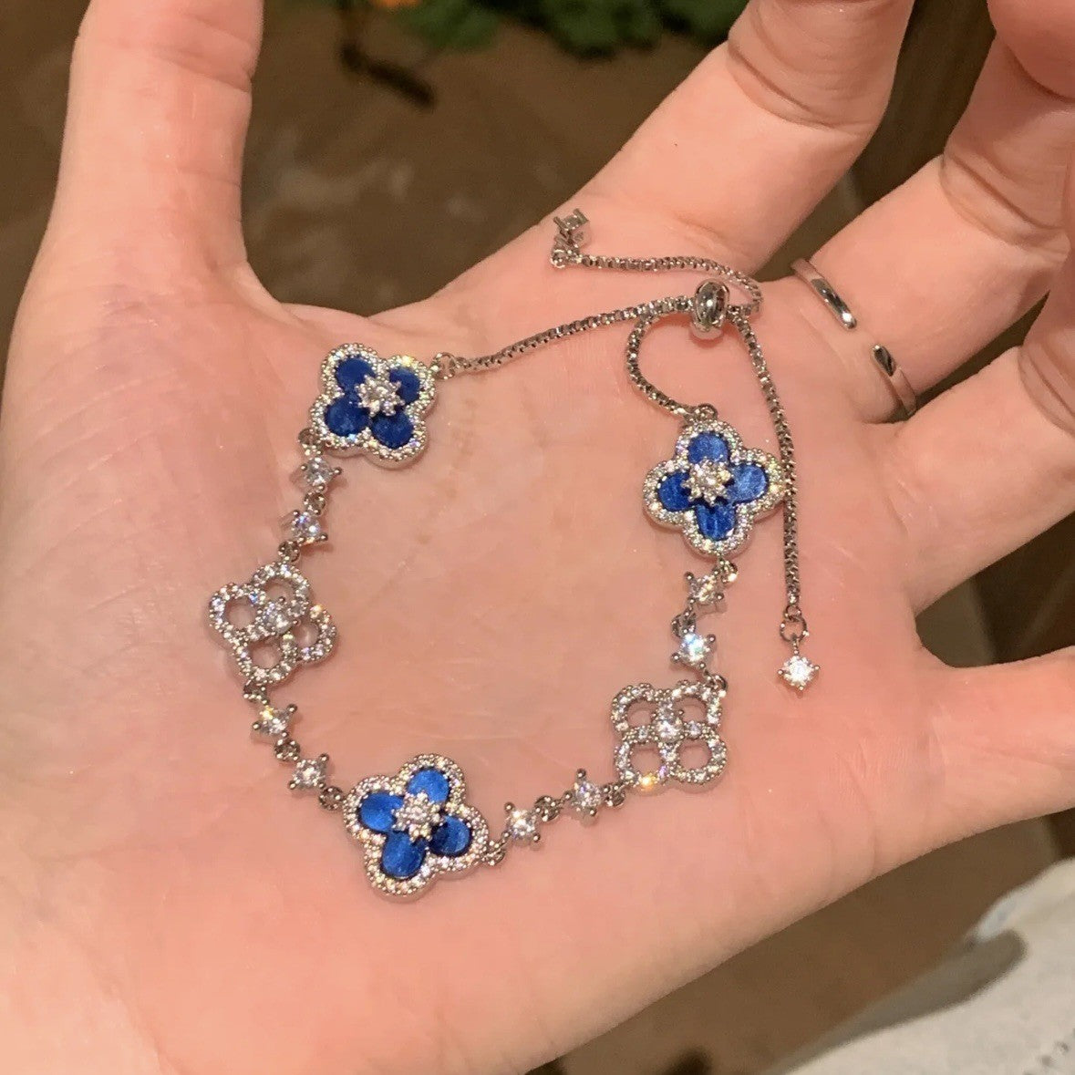 Elegant Geometric Floral Bracelet for Women in Plated Copper with Rhinestone Accents, Minimalist Office Style Hand Jewelry