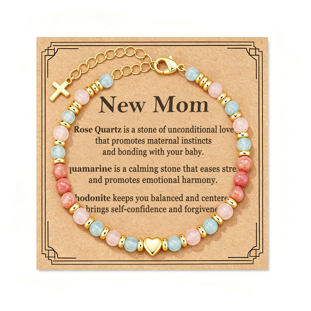 Elegant Heart Geometric Aquamarine Rose Quartz Charm Bar Beaded Bracelet for Women