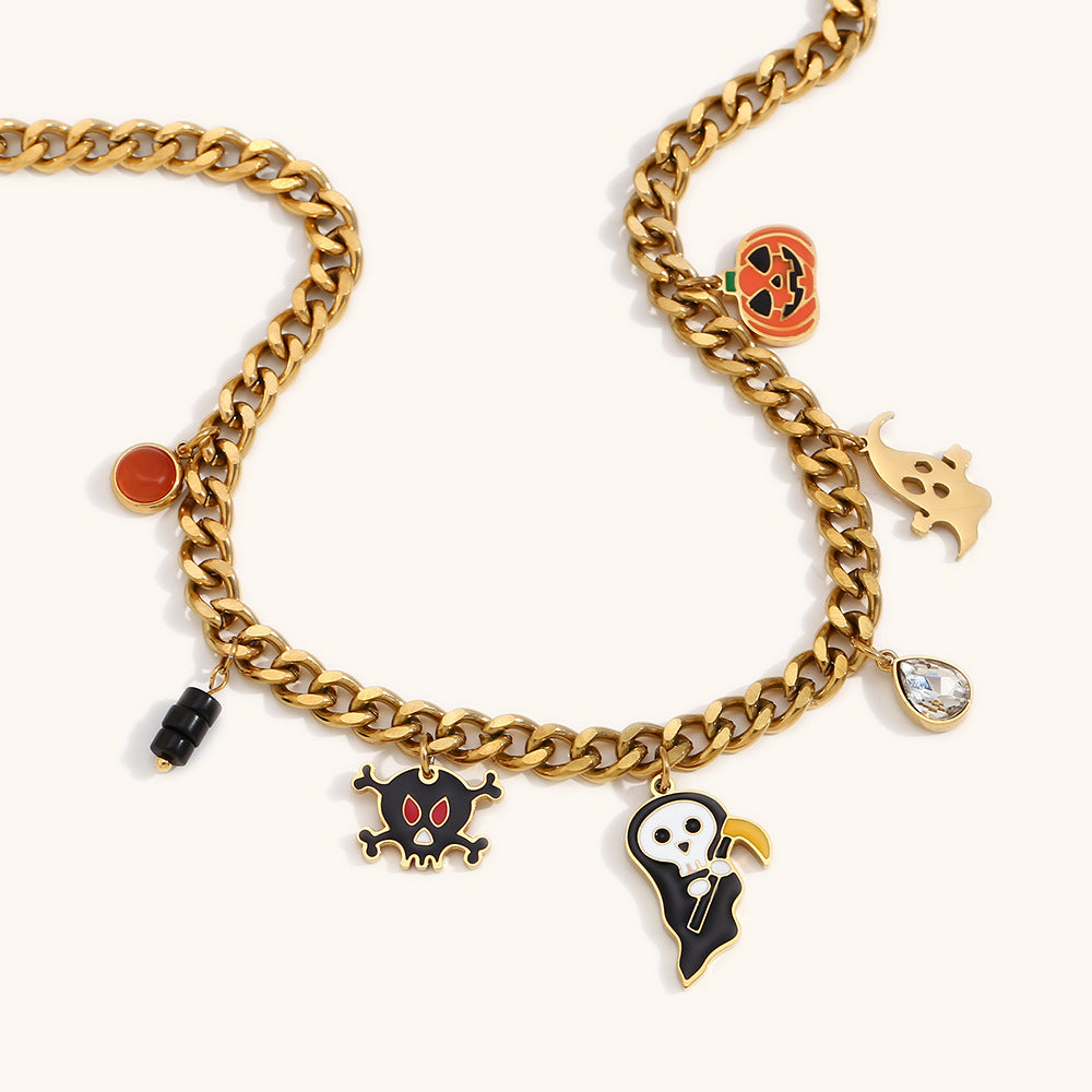 Cute Halloween Ghost and Grim Reaper Skeleton Pendant Necklace in Stainless Steel with 18K Gold Plating for Women