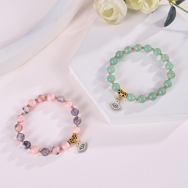 Minimalist Elegant 8mm Pink Zebra Stone Evil Eye Bracelet Unisex Fashion Jewelry Gift
