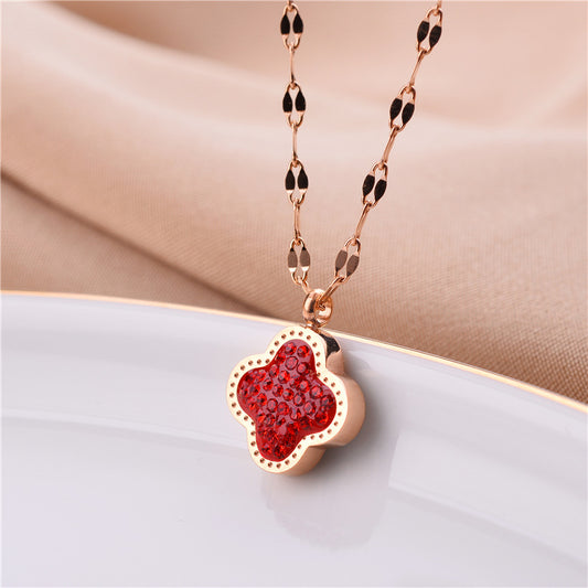 Black and Red Double-Sided Rhinestone Clover Necklace for Women Titanium Steel Plated Water Wave Chain Fashion Office Style Floral Pendant Necklace