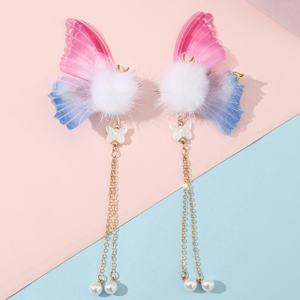 Set di mollette vintage a forma di farfalla per bambini con dettagli effetto perla, rifiniture con pon-pon e nappe lunghe in metallo