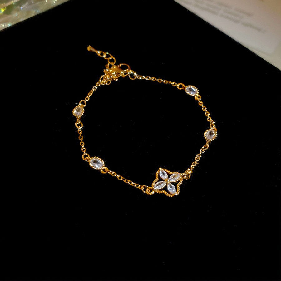 Elegant Geometric Floral Bracelet for Women in Plated Copper with Rhinestone Accents, Minimalist Office Style Hand Jewelry