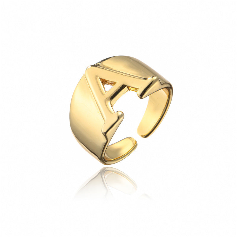 18K Gold Plated Brass Letter Ring Adjustable Open Design for Women