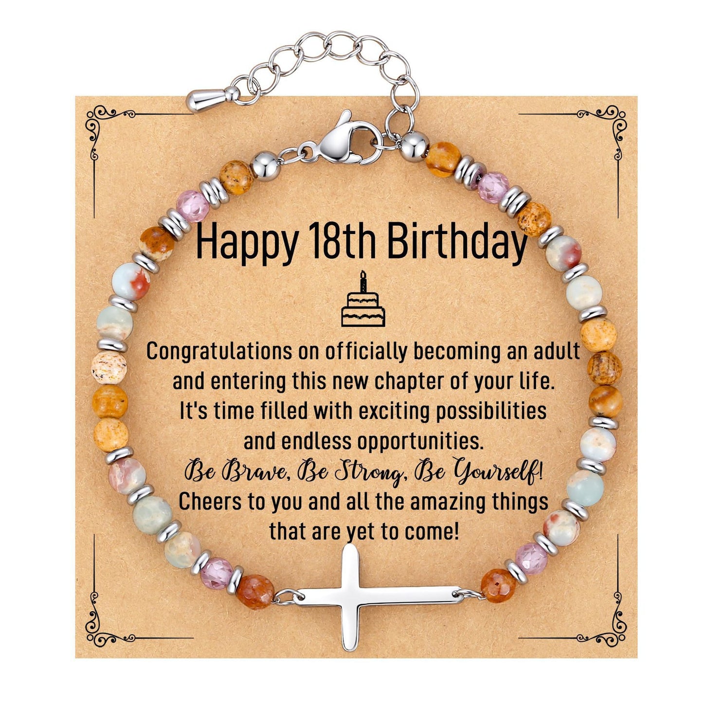 Minimalist Natural Stone Cross Bracelet with Silver Spacer Beads Adjustable Chain