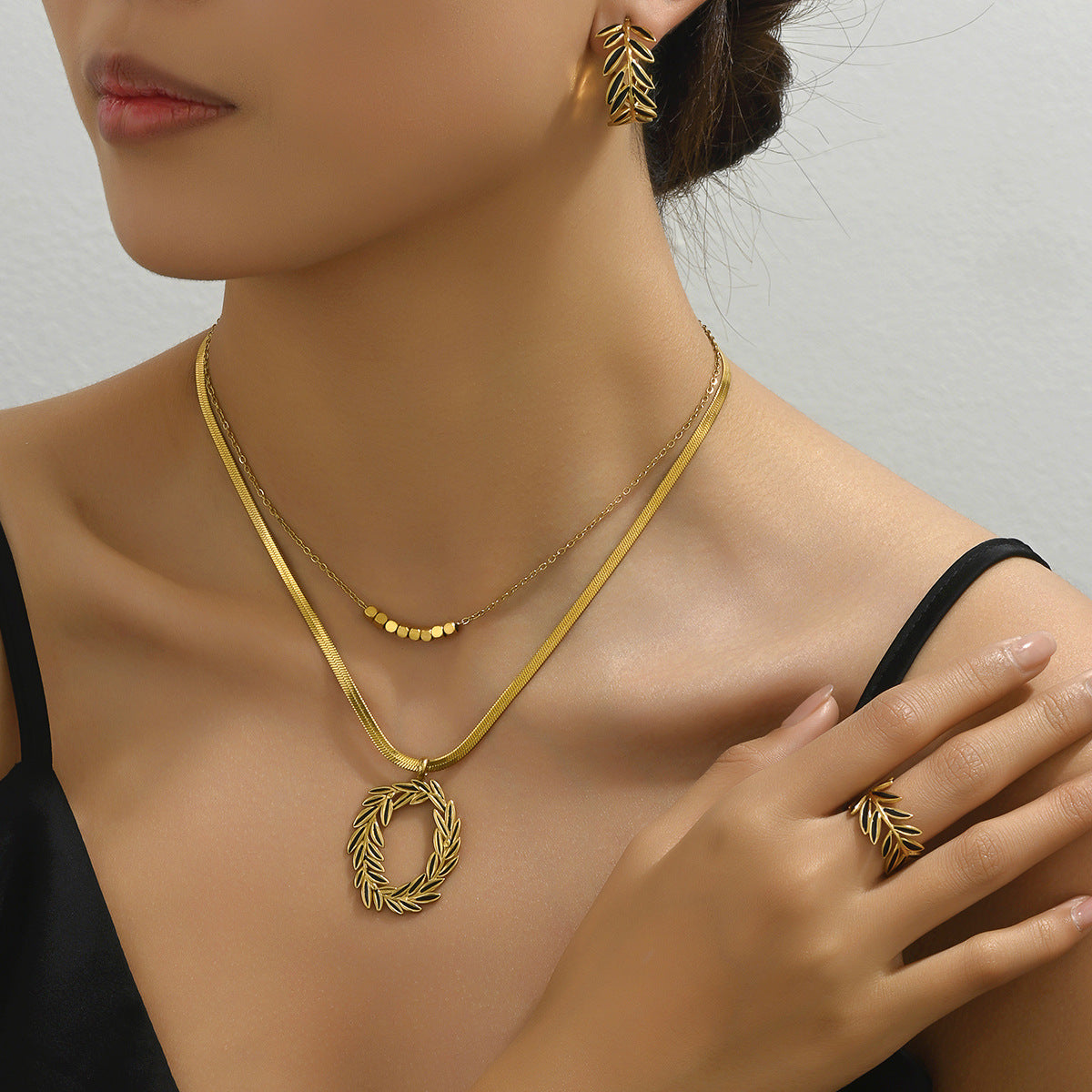 Minimalist Leaf Design Copper Necklace Set with Earrings and Bracelet, Enamel Finish