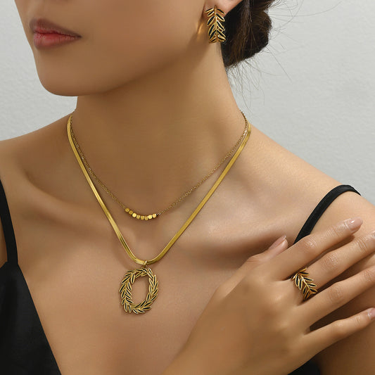 Set Collana con Orecchini e Bracciale in Rame con Foglie Minimaliste, Finitura Smaltata