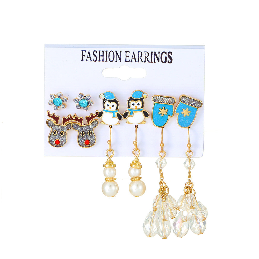 Ins Style Christmas Themed Alloy Stud Earrings with Snowflake Reindeer and Santa Claus Motifs for Women Electroplated with 14K Gold Posts