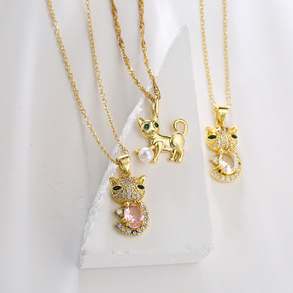 Sweet Cute Cat Pendant Necklace for Women in Copper with 18K Gold Plating and Zircon Inlay, Geometric Design Clavicle Chain