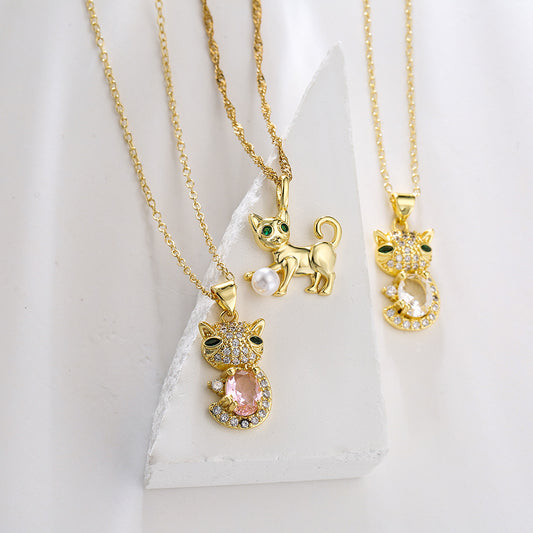 Sweet Cute Cat Pendant Necklace for Women in Copper with 18K Gold Plating and Zircon Inlay, Geometric Design Clavicle Chain