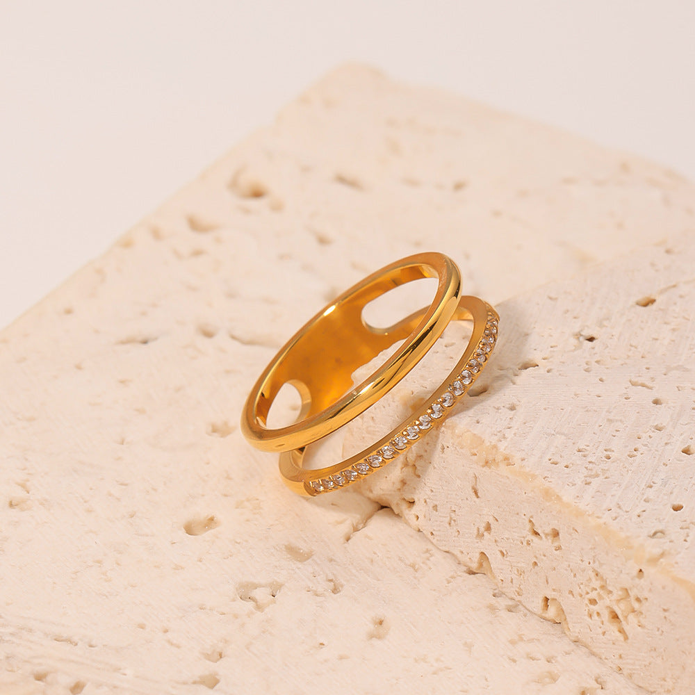 Anello da donna minimalista a doppio strato rotondo geometrico in acciaio inossidabile con intarsio di strass