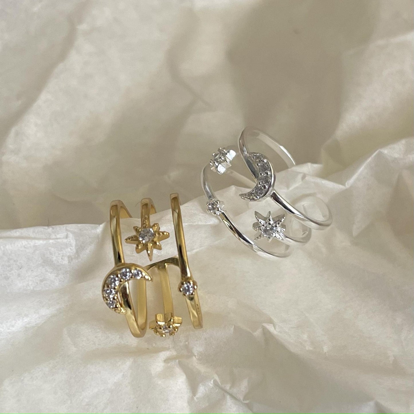 925 Sterling Silver Star Moon Double Layer Ring for Women