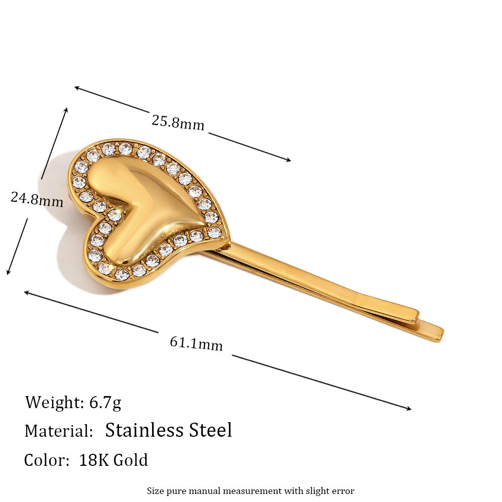Minimalist Irregular Heart-Shaped Stainless Steel Hair Clip with 18K Gold Plating and Rhinestone Inlay for Women