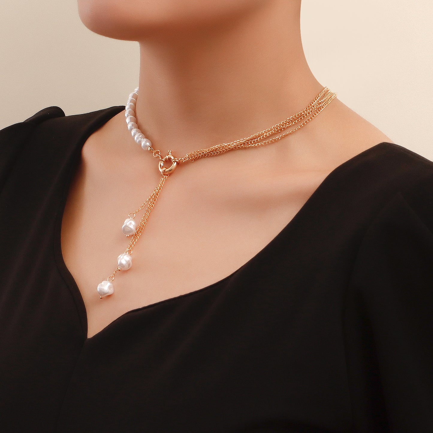 Asymmetrical Geometric Pendant Necklace with Pearl-Effect Tassels and Plated Alloy Chain for Women