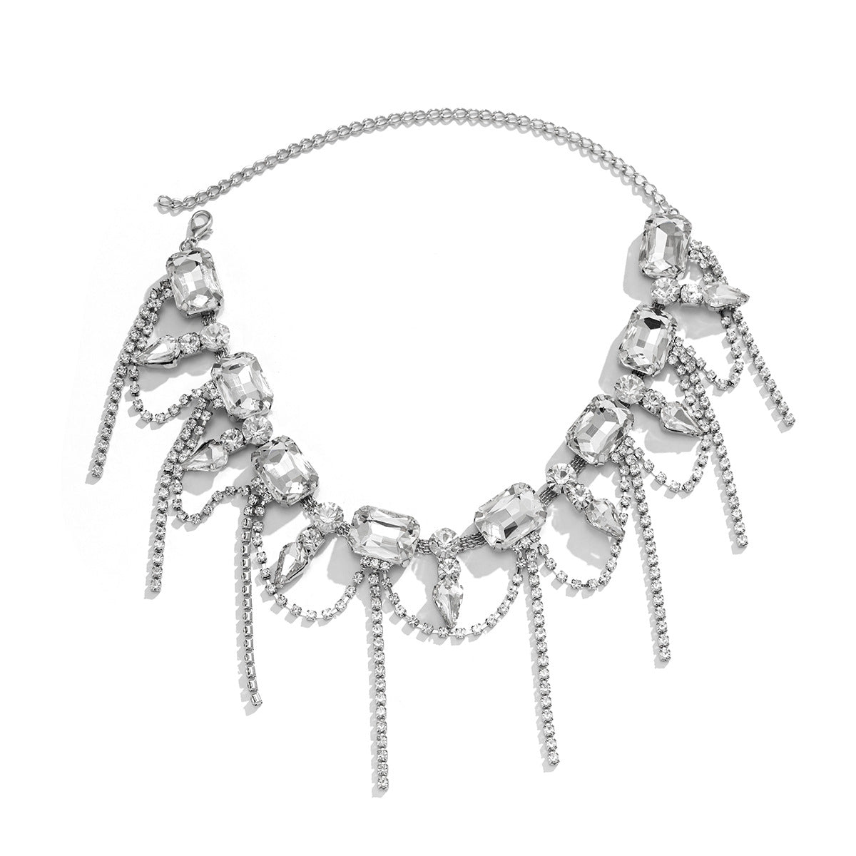 Minimalist Geometric Teardrop Rhinestone Pendant Necklace for Women with Fringe Detail and Claw Chain