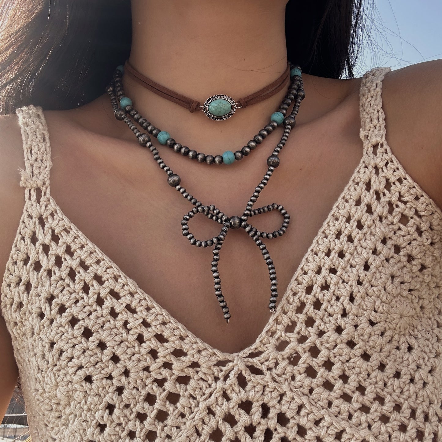 Bohemian Vintage Bowknot Beaded Necklace with Faux Turquoise Alloy Plated Multi-layer Chain for Women