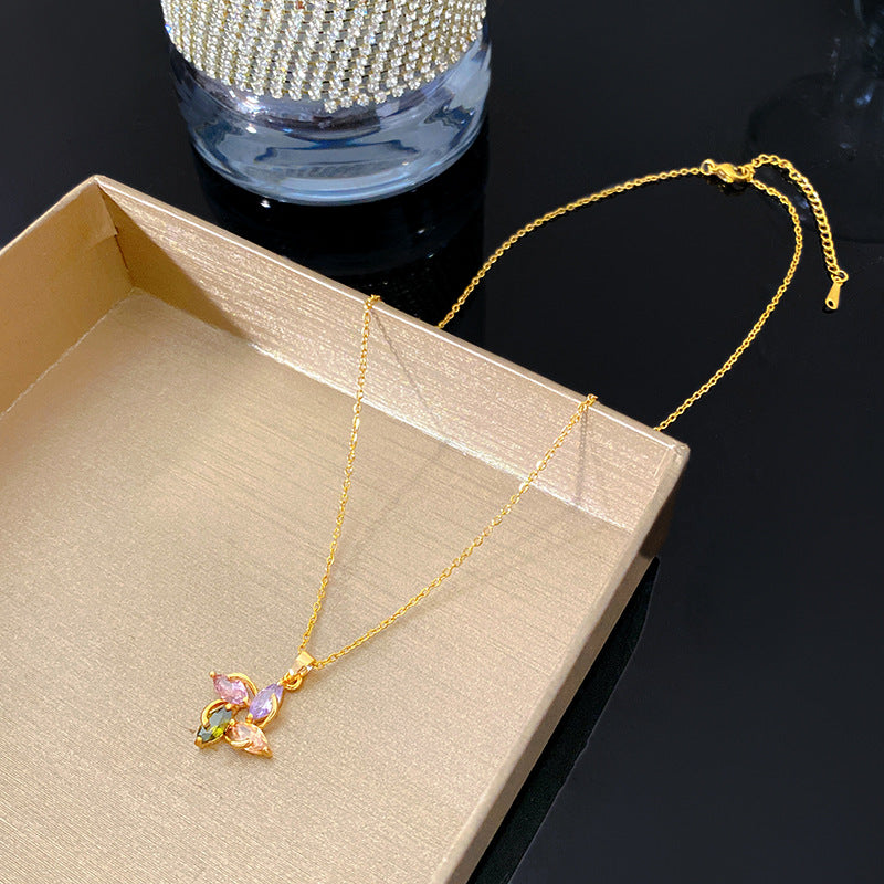 Minimalist Elegant Geometric Micro-Inlay Cubic Zirconia Plated Titanium Steel Necklace for Women