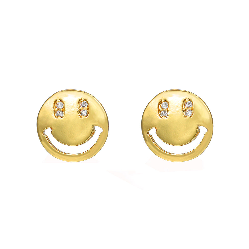 Minimalist Geometric Gold Plated Brass Stud Earrings with Micro-set Cubic Zirconia Smile Face