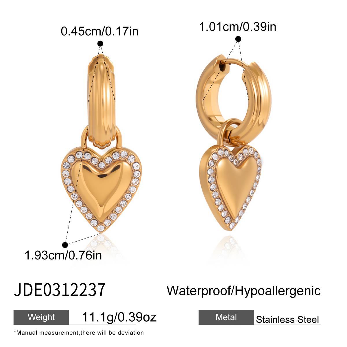 Heart Shaped Stainless Steel Rhinestone Plated Earrings for Women