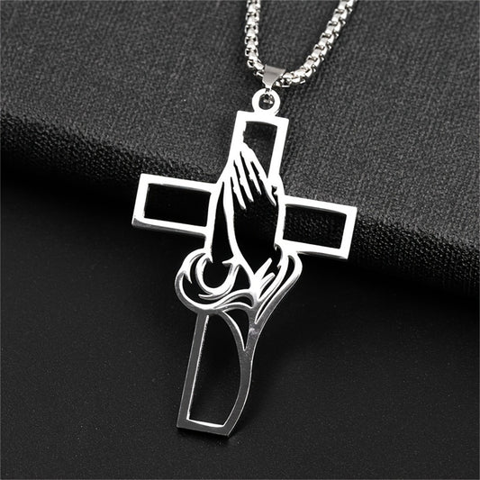 Collar con colgante de cruz geométrica minimalista para hombres y mujeres, de acero inoxidable pulido, diseño hueco, regalo de joyería de fe