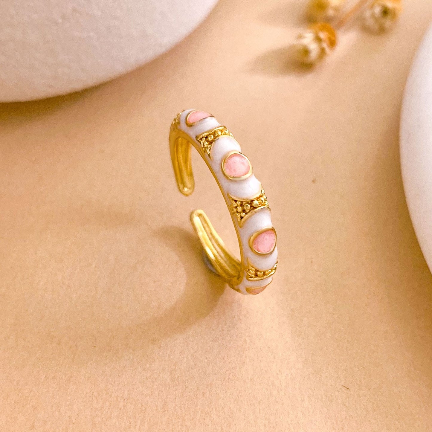 Sweet Minimalist Round Brass Ring with Enamel Evil Eye and Cubic Zirconia Inlay, Gold Plated Adjustable Band for Women