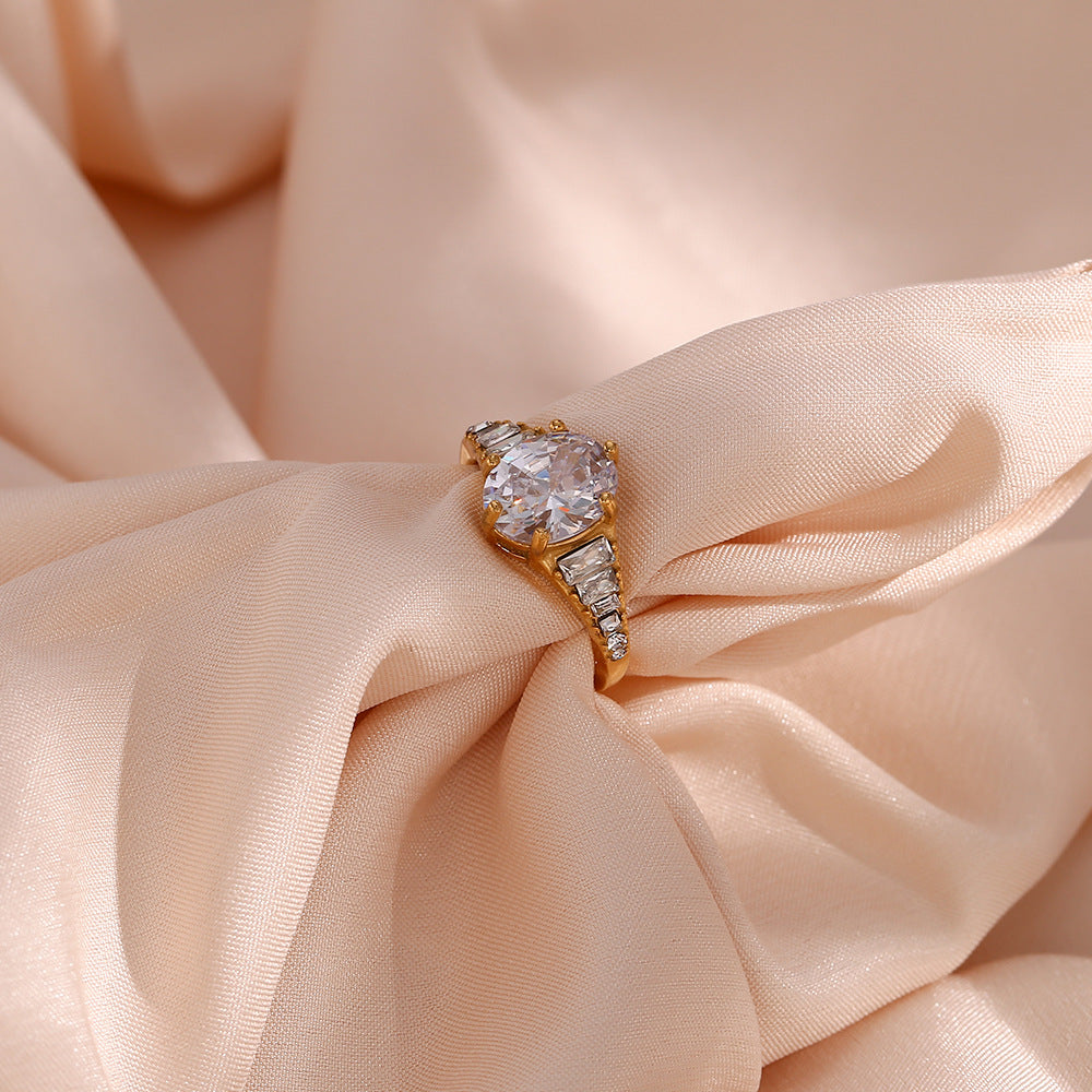Minimalist Luxe Oval Zirconia Ring in Stainless Steel with Plated Finish for Women