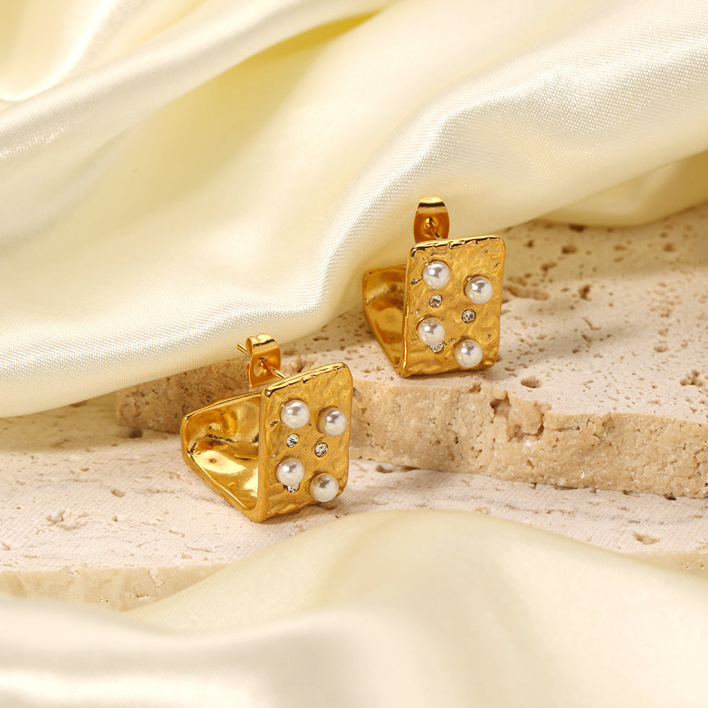 Orecchini da donna quadrati geometrici vintage francesi placcati oro 18 carati in acciaio inossidabile con perle