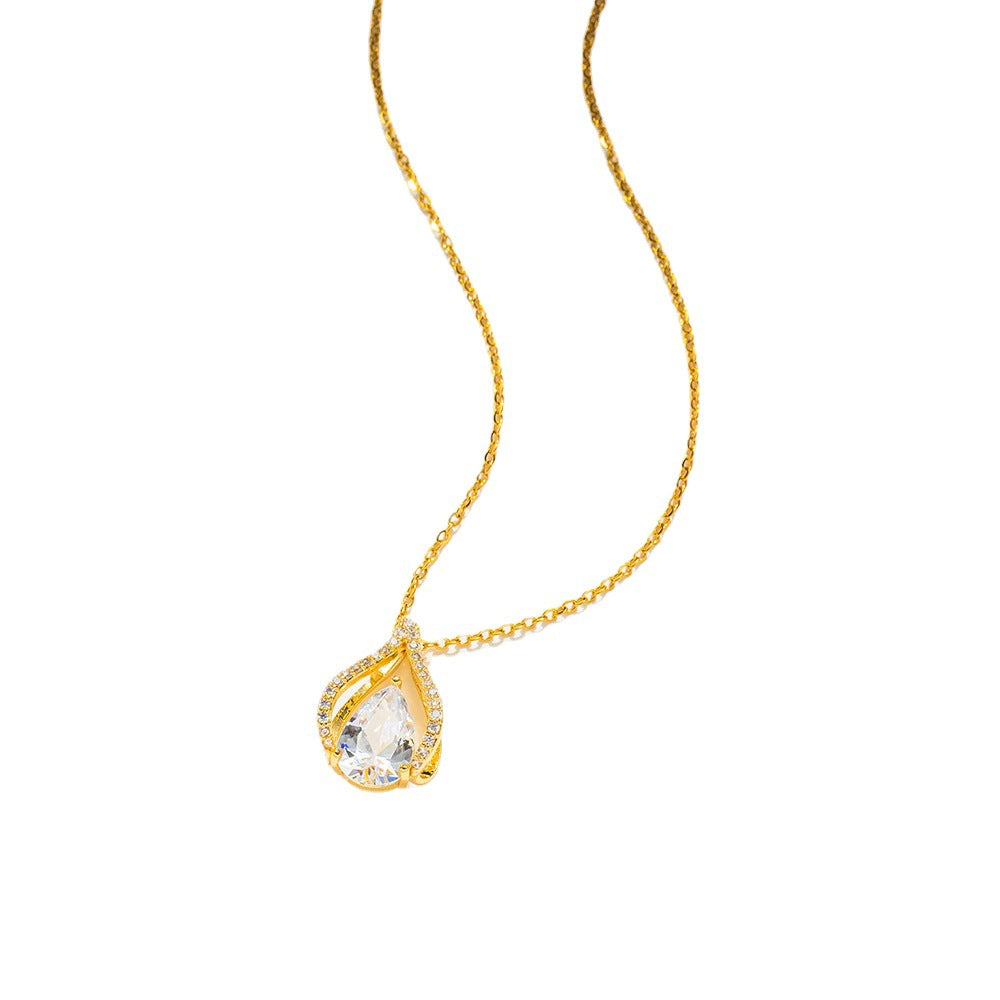 Collana da donna a goccia minimalista in acciaio al titanio con placcatura in oro 18 carati e intarsi in strass su catena a O