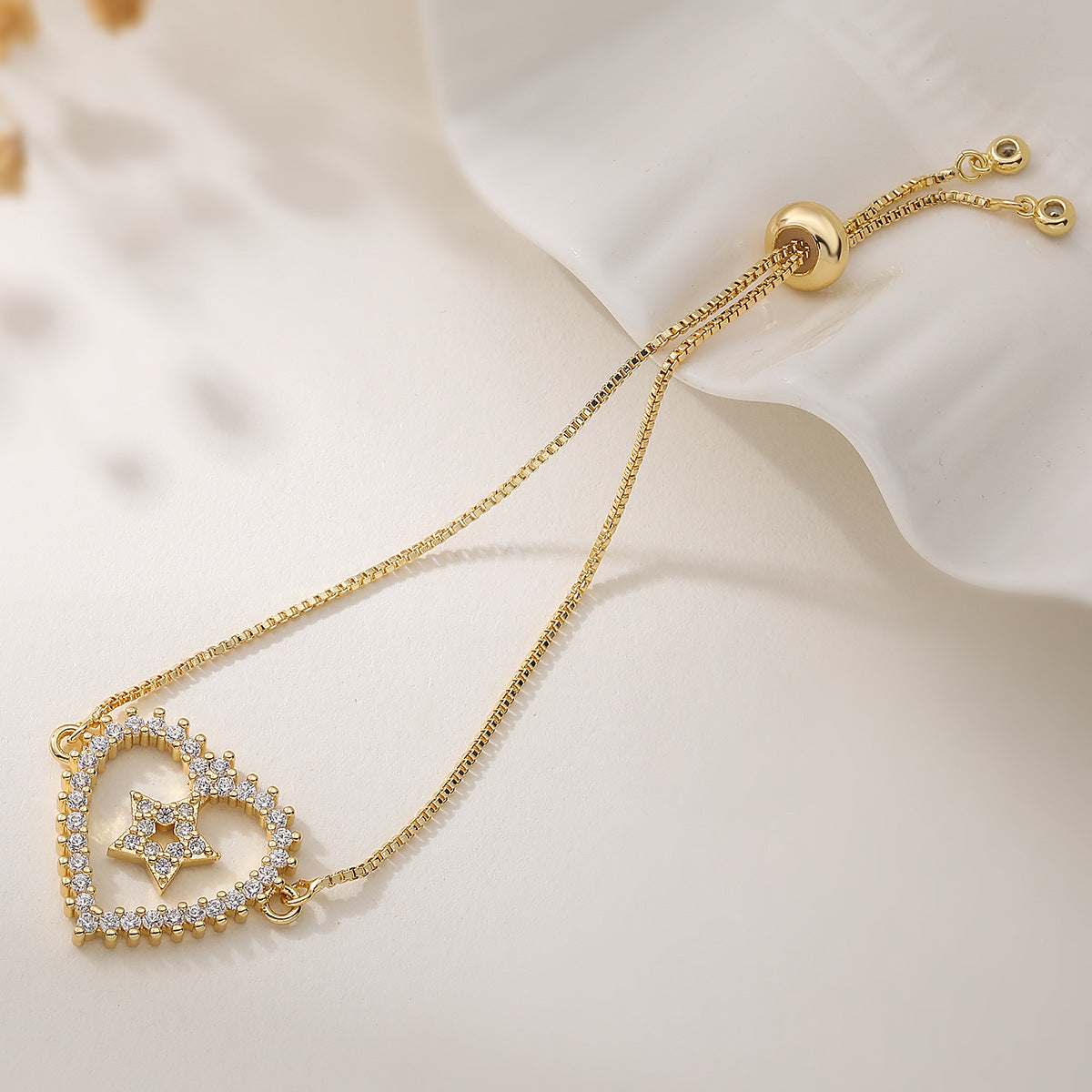 Minimalist Luxury 18K Gold Plated Brass Heart Star Moon Geometric Bracelet with Cubic Zirconia for Women