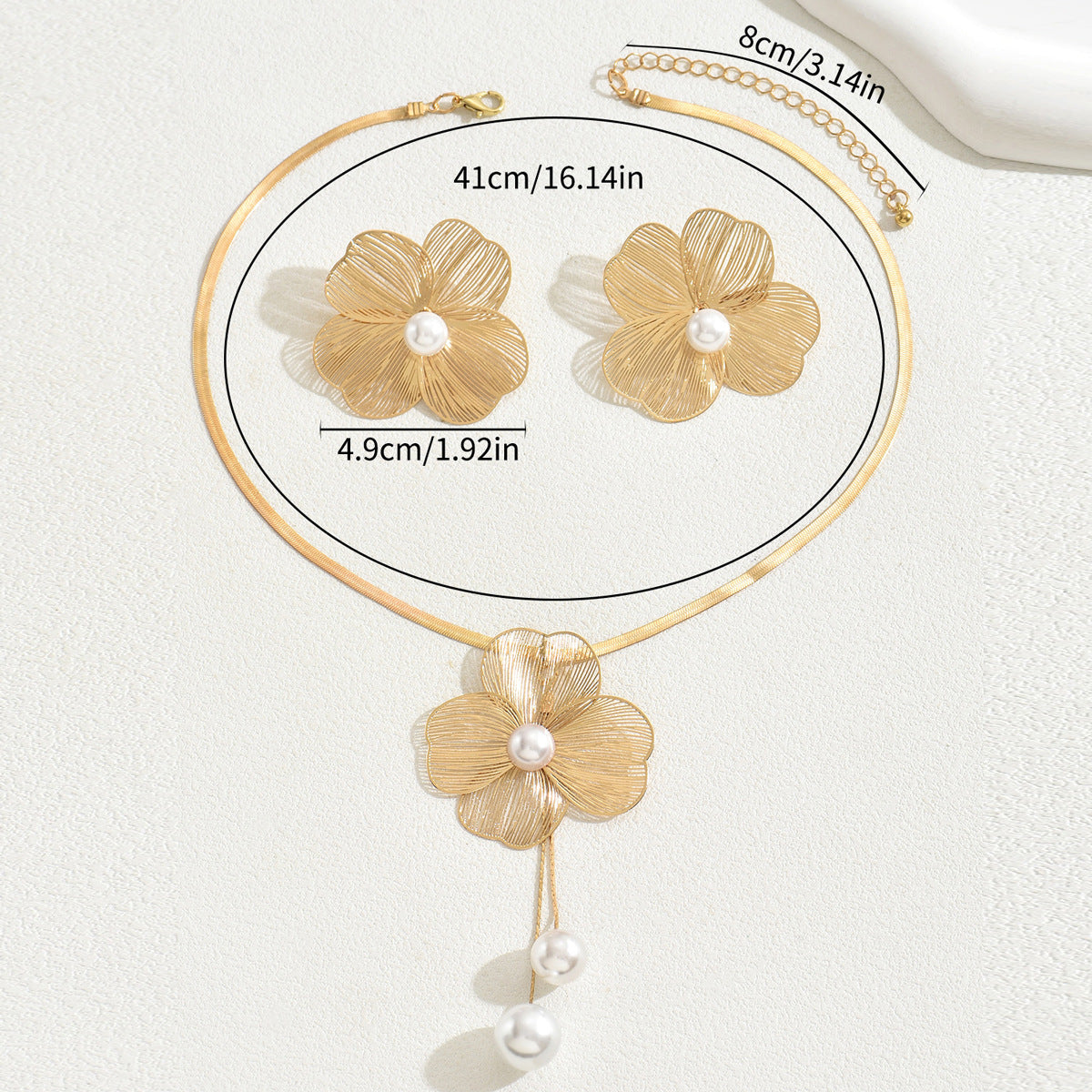 Elegant Floral Pearl Inlay Copper Necklace and Earrings Set for Women Long Clavicle Chain Minimalist Luxury Style