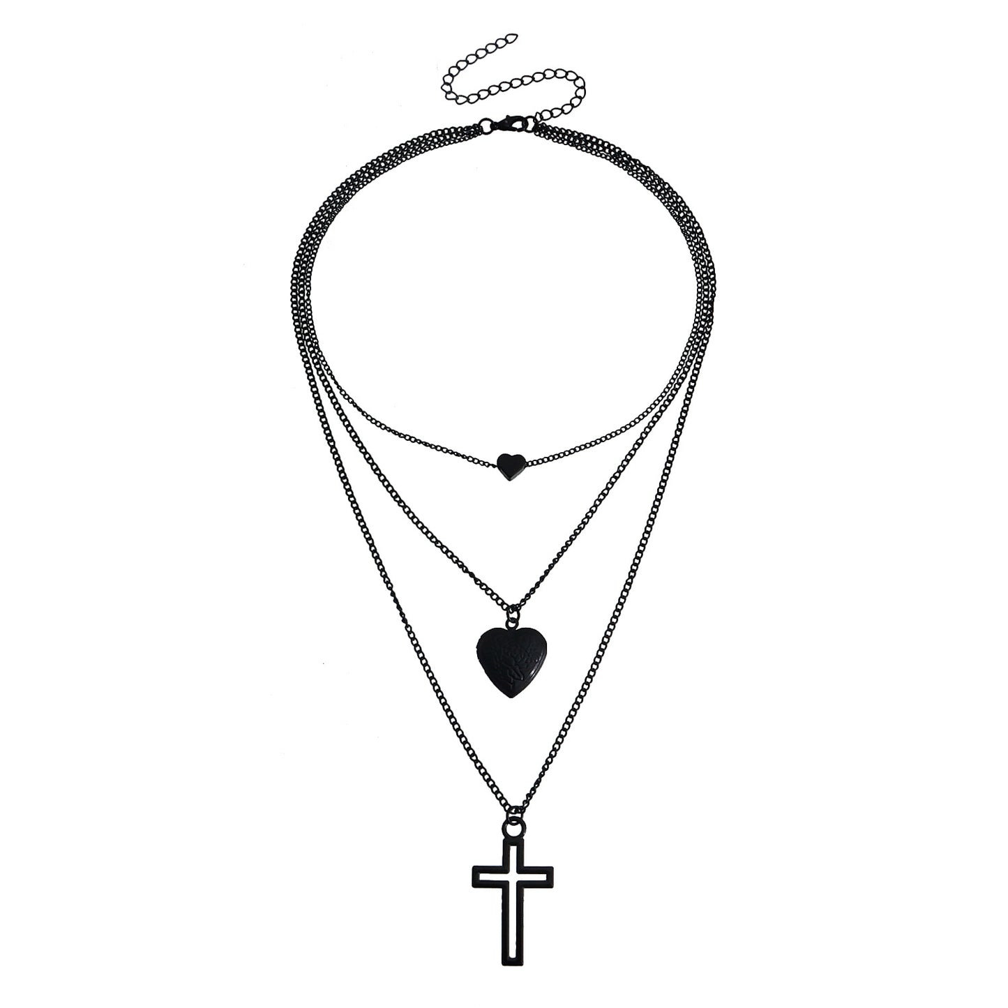 Geometric Heart and Cross Pendant Necklace for Women with Black Plated Alloy Chain and Openable Design