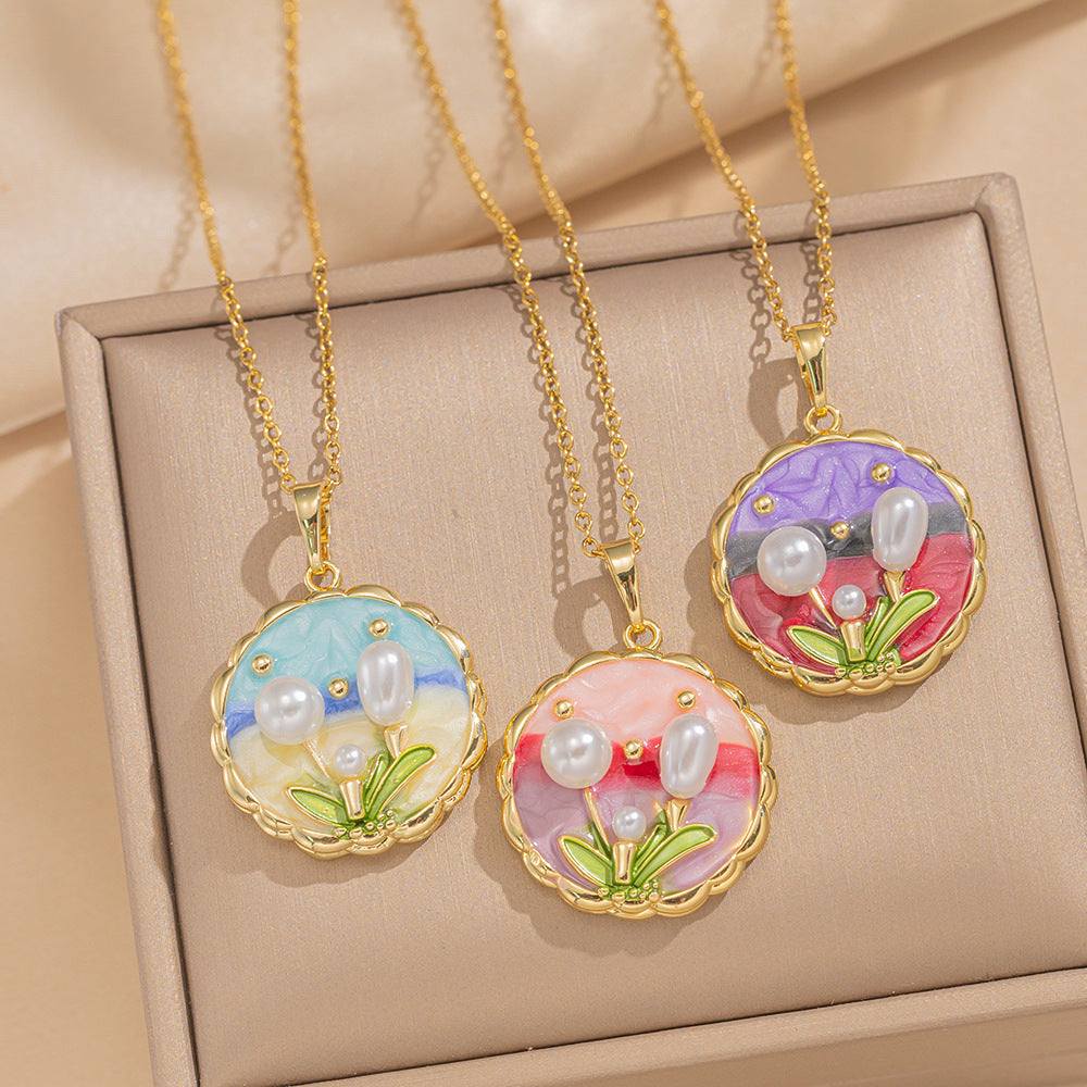 Elegant French Vintage Enamel Floral Pendant Necklace with Freshwater Pearl and Titanium Steel Chain