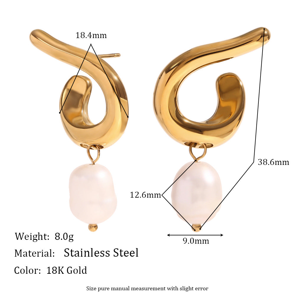 Geometric Irregular Fashion Earrings in Stainless Steel with 18K Gold Plating Featuring Spiral Seashell Design and Simulated Pearl Accents