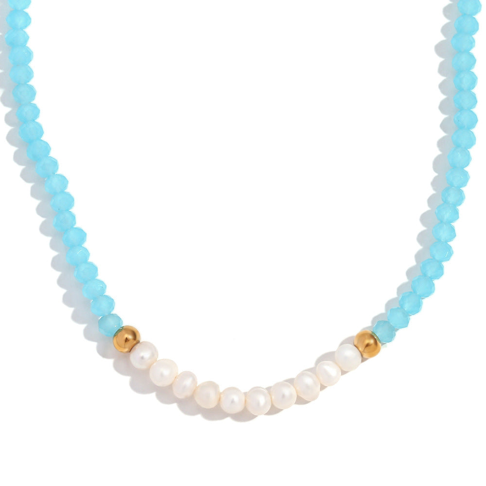 Vintage Style Geometric Pendant Necklace for Women with Stainless Steel Chain, Titanium Steel Pendant, Plated Finish, Freshwater Pearl and Blue Faceted Crystal Accents