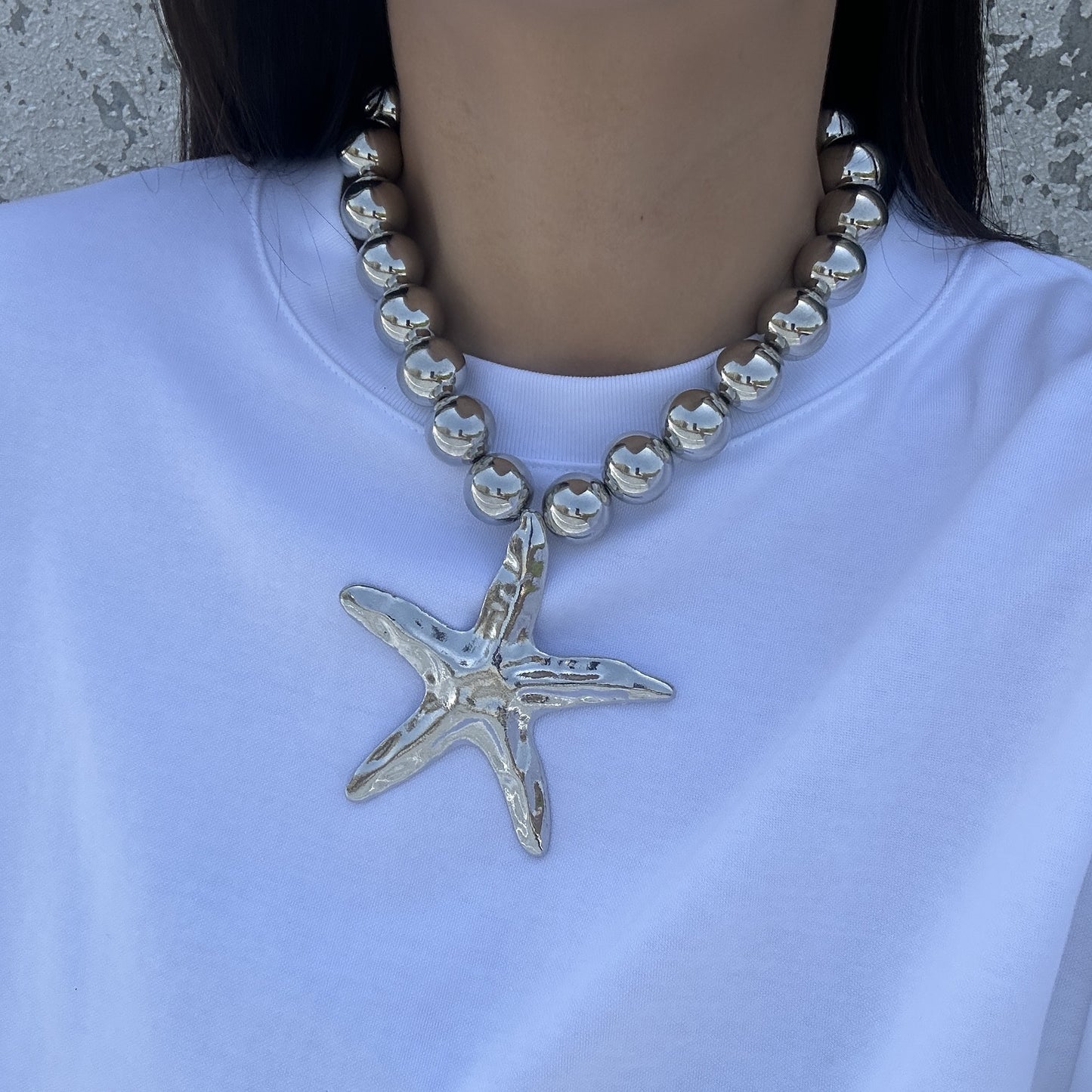 Ocean Style Imitation Pearl Starfish and Conch Pendant Alloy Ball Chain Necklace for Women