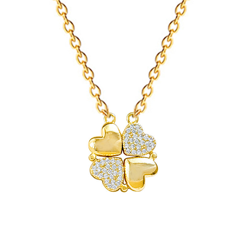 Collar con colgante de corazón y trébol de cuatro hojas de estilo de dibujos animados en acero de titanio con incrustaciones de diamantes de imitación y acabado chapado para mujeres y hombres