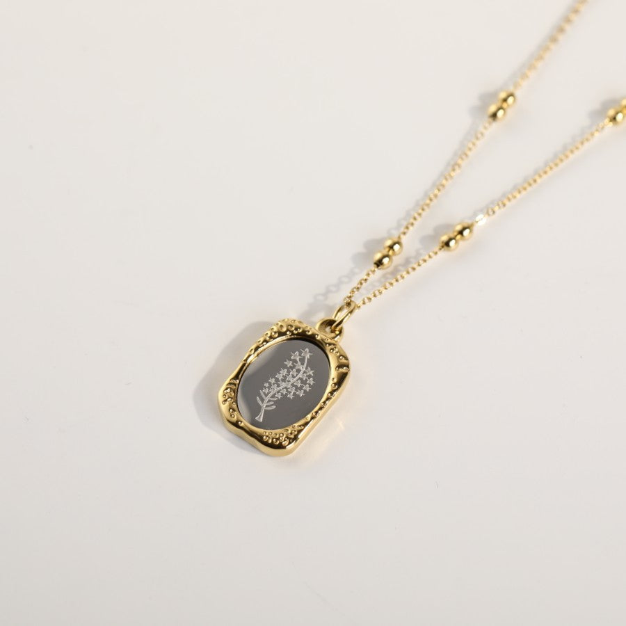 Vintage French Rose Flower Pendant Necklace 18K Gold Plated Titanium Steel Double Layer Beaded Chain